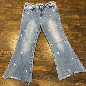Women's Blue Flared Jeans with Floral Embroidery